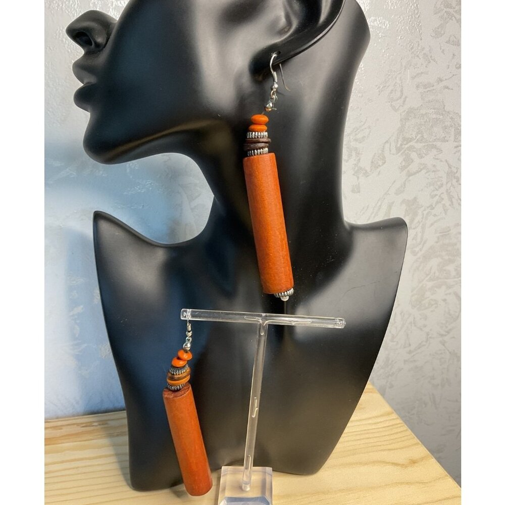 Long Wooden Cylinder Boho Pierced Dangle Drop Shoulder Duster Earrings